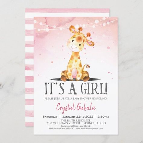 Pink Giraffe Baby Shower Girl Invitation | Zazzle.com Giraffe Birthday Party, Giraffe Birthday Parties, Giraffe Baby Shower Invitations, Baby Shower Giraffe, Giraffe Party, Giraffe Theme, Baby Girl Shower Invitations, Baby Shower Invitation Ideas, Giraffe Birthday