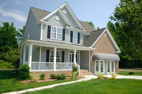 Beautiful house design front porch siding glass windows dormer pitched roof Dutch Lap Vs Clapboard Siding, Dutch Lap Siding, Home Siding, Siding Styles, Wood Siding Exterior, Clapboard Siding, Siding Options, Lap Siding, House Siding