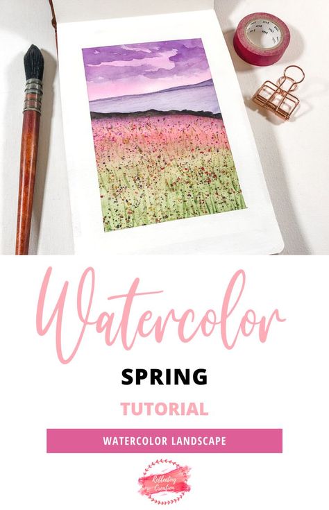 Learn how to create your own watercolor Spring Landscape. This tutorial is easy and fun for anyone wanting to start with watercolor painting. Full blog post and video included! Watercolor Subjects Landscape Tutorial, Watercolor Spring, Watercolor Subjects, Landscape Watercolor, Spring Landscape, Easy Watercolor, Learn To Paint, Watercolor Landscape, Watercolor Painting