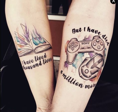 Matching Tattoos Couples Nerd, Tattoo Coverup Ideas Wrist, Wedding Matching Tattoos, Tattoos For Emotions, Bookish Tattoos Sleeve, Male Bicep Tattoo, Journey Before Destination Tattoo, Lord Of The Rings Couples Tattoo, Video Game Matching Tattoos