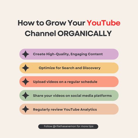 How to Grow Your YouTube Channel Organically?🎯 Growing a YouTube channel can be a rewarding but challenging endeavor. Here are five tips to help you increase your audience and improve your content: Create High-Quality, Engaging Content 🎥: Ensure your videos are well-produced with good audio and visual quality. 🎙️📹 Focus on creating interesting, entertaining, or educational content for your target audience. 🤩📚 Engage viewers from the start of the video to maintain their interest throughou... Youtube Analytics, Grow Your Youtube Channel, Consistency Is Key, Educational Content, Engaging Content, Content Strategy, Target Audience, The Start, How To Grow