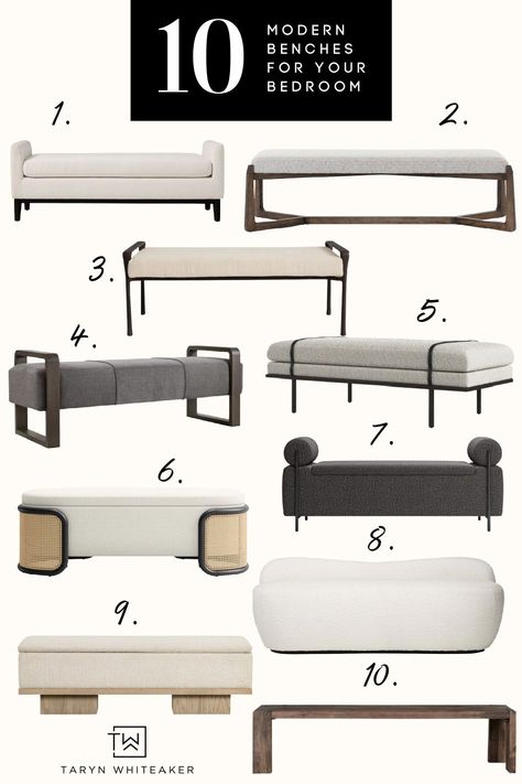 Take a look at these modern benches for a bedroom! These would add a statement to the end of your bed and add a cozy place to sit! Bench Seat At End Of Bed, End Of Bed Sofa Bench, Bed End Bench Modern, Bench For Bedroom Modern, End Of Bench Bed, Modern End Of Bed Bench, Bedroom Bench Ideas Modern, Bed Ends Bench, Leather End Of Bed Bench