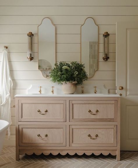 Facebook Horizontal Shiplap Bathroom, Horizontal Shiplap, Studio Mcgee Bathroom, Mcgee Bathroom, Herringbone Tiles, Armac Martin, Shiplap Bathroom, Indoor Tile, Brass Cabinet Hardware