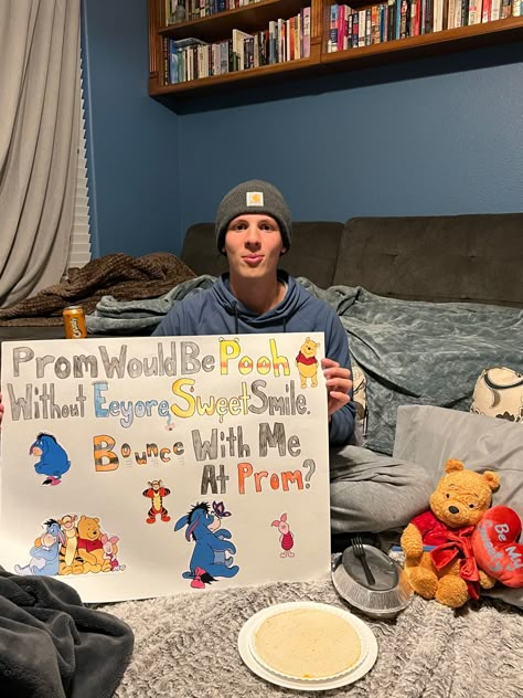 Homecoming Posters For Boyfriend, Promposal Unique, Disney Hoco Posters, Homecoming Poster For Boyfriend, Winnie The Pooh Hoco Proposal, Silly Hoco Posters, Cute Unique Hoco Proposals, Cougar Promposal, Winnie The Pooh Promposal Ideas