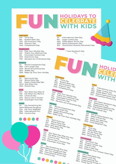 Did you know nowadays there is literally a holiday every other day? Get this big list of unofficial holidays to celebrate with kids. Fun Holidays To Celebrate, Pretzel Day, Fun Holidays, 19 Kids, Holiday List, Smart Parenting, Different Holidays, Party Banners, National Holidays