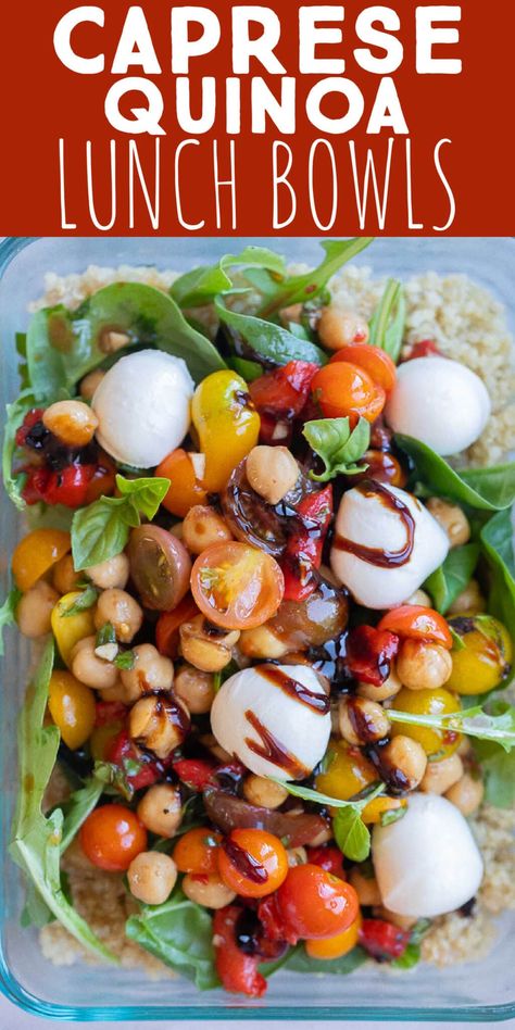 These Caprese Quinoa Salad Lunch Bowls are fresh, flavorful and easy to throw together! They can be prepared ahead of time for healthy, vegetarian meal prep lunches, or enjoyed as a colorful side salad to accompany dinner. These summer inspired lunch bowls are packed with protein, while also feeling light and refreshing. #mealprep #lunchbowls #vegetarian #capreserecipe #quinoasalad Best Quinoa Bowls, Quinoa Bowl Vegetarian, Vegetarian Meal Prep Lunches, Quinoa Salad Lunch, Healthy Vegetarian Meal Prep, Caprese Quinoa Salad, Caprese Quinoa, Uni Meals, Meal Prep Lunches