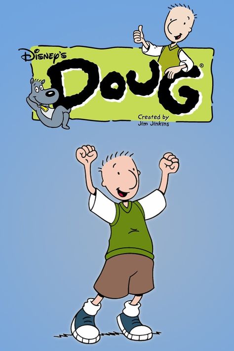 Meet Douglas Yancy Funnie, who just moved to Bluffington with his parents, Phil and Theda, and his sister, Judy. When he isn't playing with friends Skeeter, Patti and Beebe, Roger Klotz is one of Doug's rivals. Doug likes to write in his journal and fantasize that he is a superhero named Quailman. Doug Cartoon, Cartoon Characters Names, Doug Funnie, 90s Cartoon Shows, 1990s Kids, 2000s Cartoons, Nickelodeon Cartoons, Disney Dogs, 90s Cartoons