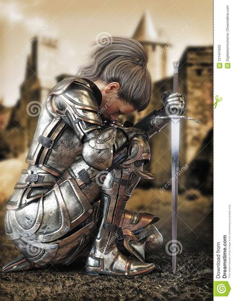 Female Warrior Knight Kneeling Wearing Decorative Metal Armor With A Castle In The Background. Stock Illustration - Illustration of heavy, plate: 121441635 Knight Kneeling, Evvi Art, Female Warrior Tattoo, Dragons Tattoo, Fesyen Islam, Metal Armor, Angel Warrior, Prophetic Art, Warrior Tattoo