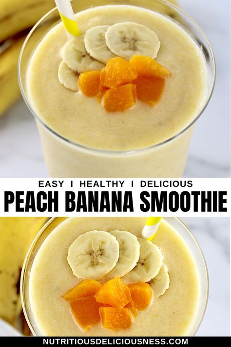 This irresistibly delicious Banana Peach Smoothie is made with a cool and refreshing blend of frozen peaches and bananas. It's a smooth and creamy tropical treat, perfect for breakfast or afternoon pick-me-up. Quick Smoothie Recipes, Peach Banana Smoothie, Triple Berry Smoothie, Mango Smoothie Bowl, Banana Health Benefits, Quick Smoothies, Frozen Peaches, Peach Smoothie, Banana Benefits