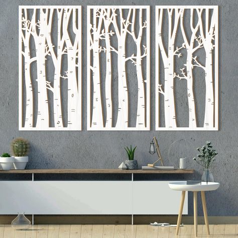 PRICES MAY VARY. Birch Tree Wood Art：3 pieces of wooden wall decor panels adopt a hollowed out design, with tree trunks and leaves carefully crafted to showcase vitality, hanging them on the wall adds a touch of charm and elegance to any space in your home. Size for Easy Displaying：White tree hollow wall art is about 40.64 * 81.28 cm /16 x 32 inches.Two nail hangers are also designed on the trunk wall hanging, and two transparent silica gel mats for vertical and horizontal balance are presented 3d Wood Wall Art, 3d Wood Wall, Wall Decorating Ideas, Tree Branch Wall, Carved Wood Wall Art, Accent Wall Designs, Modern Living Room Wall, Wall Decorating, Art Carved