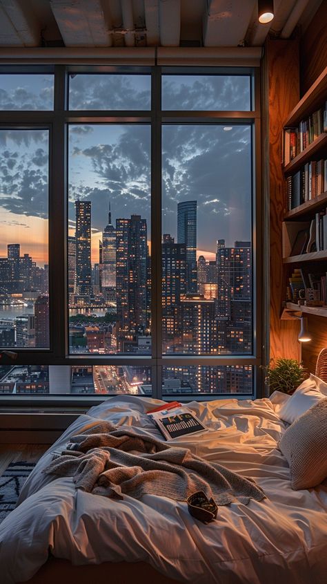 Urban Cozy Bedroom Cozy Boston Apartment, Downtown Apartment Bedroom, City Bedroom Aesthetic, Cozy City Apartment, Luxury Apartment Bedroom, Bedroom New York, Townhouse Bedroom, Houses Aesthetic, Dream Apartments