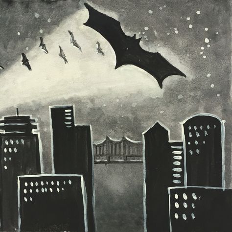 Gotham city   #watercolor #painting #pregnanthobby Gotham City Drawing, Gotham Skyline, City Watercolor Painting, Gotham City Skyline, New York Bedroom, City Watercolor, Speed Draw, Draw Ideas, Reference Art