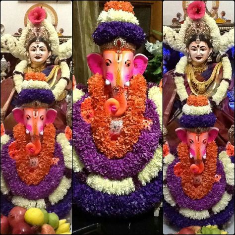 Gowri ganesha Gowri Ganesha Decoration, Gowri Ganesha, Ganesh Pic, Ganesha Decoration, Lakshmi Pooja, Tanjore Paintings, Ganpati Ji, Bappa Morya, Desi Wedding Decor