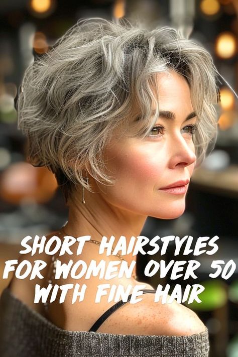 The Wavy Pixie with Long Layers hairstyle is incredibly versatile for hair! This short hairstyle enhances volume and texture which gives the illusion of styled hair. Save this for your next short hairstyle inspiration for women over 50 with fine hair! Fine Grey Hair Styles, Short Hair For Fine Hair Over 50, Short Pixie Bobs For Fine Hair, Short Hairstyles For Women Over 50 With Fine Wavy Hair, Short Curly Fine Hair Over 50, Soft Wavy Hairstyles, Short Layered Hairstyles For Fine Hair, Short Fine Wavy Hairstyles, Short Wavy Hairstyles For Women Round Face