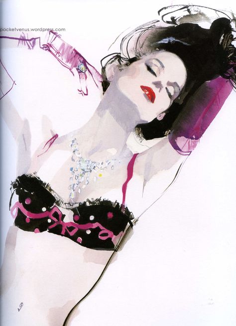 David Downton Lingerie Illustration, David Downton, Rene Gruau, 얼굴 드로잉, Dita Von Teese, Fashion Art Illustration, Fashion Illustrator, Illustration Sketches, Mode Vintage