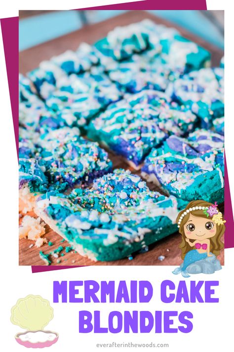 Mermaid Dessert Ideas, Easy Mermaid Cake, Mermaid Desserts, Blondie Cake, Beach Dessert, Beach Treats, White Chocolate Drizzle, Blondie Recipe, Layered Jello