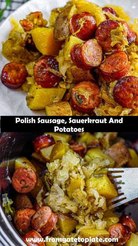 Sausage Potato And Sauerkraut, Sauerkraut Kielbasa Crockpot, Polish Sausage With Sauerkraut, Keilbasa Recipes Sauerkraut, Polish Sausage Potatoes And Sauerkraut, Polish Sausage Sauerkraut Recipes, Sourkraut And Sausage Potato Soup, Kielbasa Sourkrout And Potatoes, Sour Krout And Kielbasa