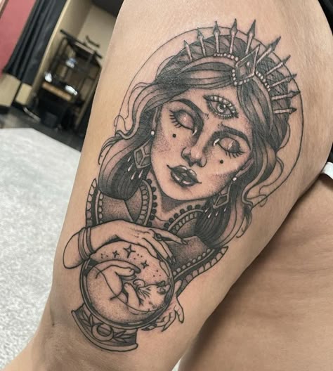 Witch With Crystal Ball, 3rd Eye Tattoo, Crystal Ball Tattoo, Tattoos Dotwork, Circus Tattoo, Egyptian Tattoo Sleeve, Tarot Tattoo, Princess Tattoo, Boho Tattoos