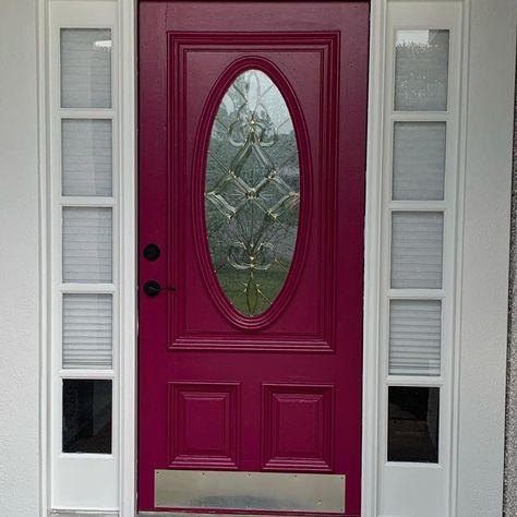 Sherwin Williams Framboise SW 6566 front door Maroon Exterior Doors, Raspberry Front Door Colors, Fuchsia Front Door, Berry Front Door, Burgundy Front Door Colors, Sherwin Williams Juneberry, Fuschia Front Door, Forward Fuschia Sherwin Williams, Framboise Sherwin Williams