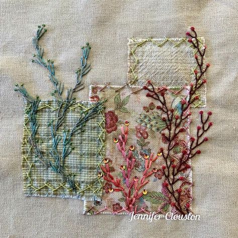 Multi Media Embroidery, Slow Stitching Ideas Hand Embroidery, Slow Stitching Ideas, Jennifer Clouston, Quilt Embroidery, Crazy Quilt Stitches, Scrap Fabric Crafts, Textile Art Embroidery, Feather Stitch