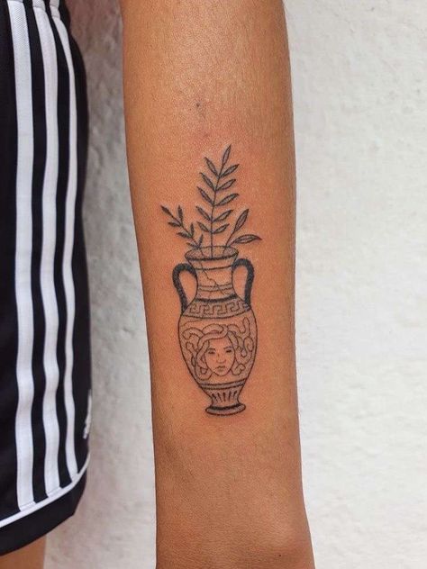 Vase And Flowers Tattoo, Vase Flower Tattoo, Flowers In A Vase Tattoo, Vase Tattoo Simple, Flowers In Vase Tattoo, Greek Vase Tattoo, Flower Pot Tattoo, Vase Tattoo Design, Flower Vase Tattoo