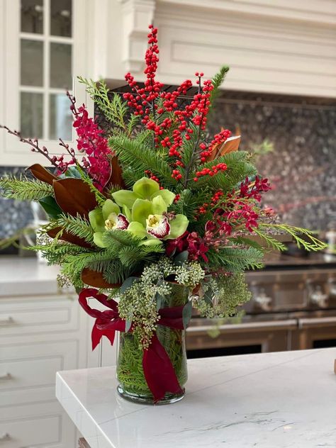 Cny Floral Arrangement, Tall Christmas Floral Arrangements, Winter Arrangements Floral Design, New Years Flowers, Chinese New Year Flower Arrangement, New Year Flower Arrangement, Christmas Floral Arrangements Diy, Flowers Arrangements Ideas, Hotel Flower Arrangements