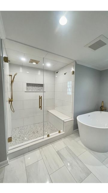 Grey Bathroom With Gold Fixtures, Bathroom Ideas Chrome Fixtures, Bathroom Ideas With Gold Fixtures, Bathroom Remodel Gold Fixtures, Shower With Gold Fixtures, Grey And Gold Bathroom, Brushed Gold Bathroom Fixtures, Brushed Gold Fixtures, Gold Shower Fixtures