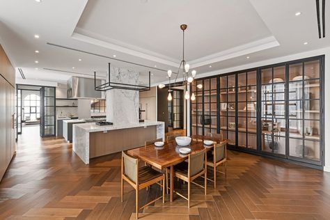 barclay street dining area Tribeca Penthouse, Art Deco Skyscraper, Gaggenau Appliances, Millwork Wall, Meeting Hall, Bike Room, New York City Apartment, Living Room Spaces, Arched Windows