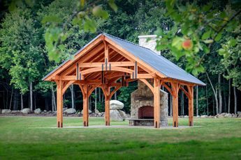 Timber Frame Pavilion, Wooden Gazebo, Outdoor Pavilion, Backyard Pavilion, Timber Framing, Shed Plans, Outdoor Fireplace, Outdoor Rooms, Pool Houses