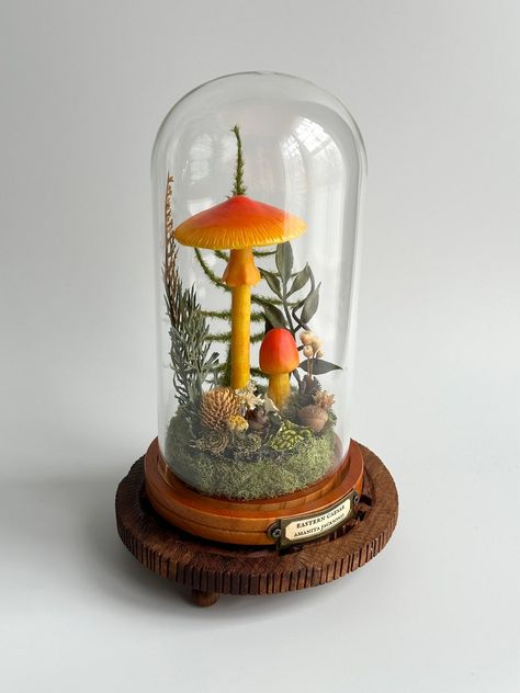 Handmade Mushroom Decor in a Glass Cloche Dome Featuring a Eastern Caesars Mushroom. Terrarium Style Cloche. - Etsy Cloche Dome Ideas, Glass Dome Decor Ideas, Vintage Terrarium, Christmas Cloche, Mushroom Terrarium, Glass Dome Cloche, Cloche Domes, Glass Cloche, Mushroom Decor