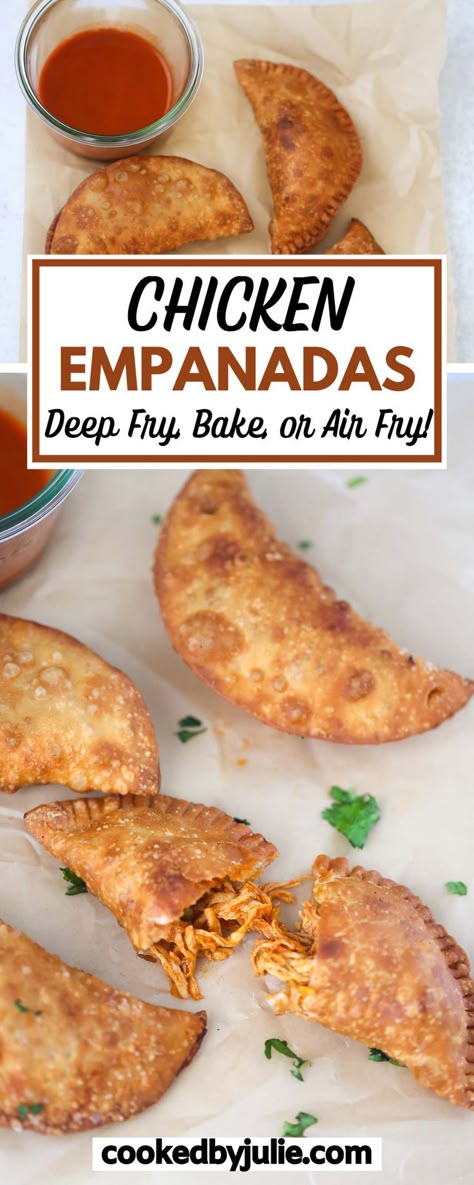 Empanada Chicken Filling, Easy Mini Empanadas, Easy Chicken Empanadas Recipes, Chicken Potato Empanadas, Air Fried Empanadas Recipe, Deep Fried Empanadas, Meat Pockets Empanadas, Air Fry Empanadas Recipe, Shredded Chicken Empanadas Recipe