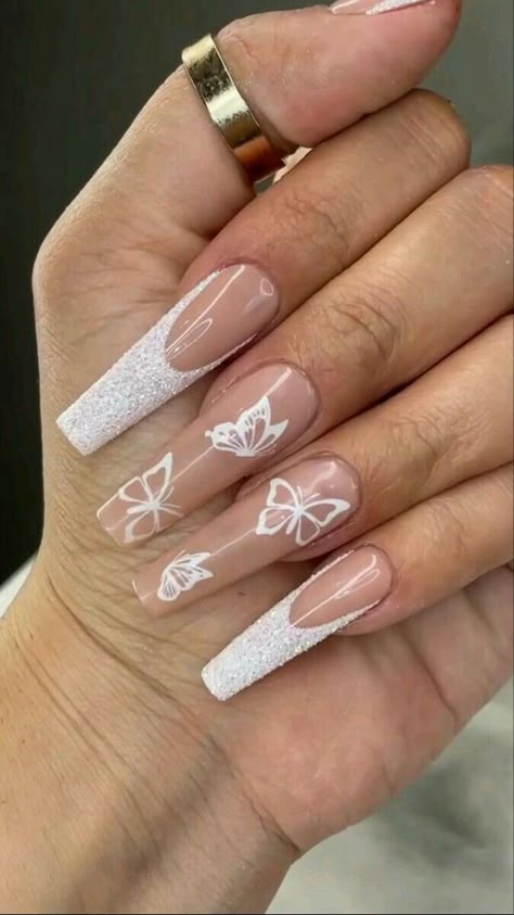 White Acrylic Nails, Simple Acrylic Nails, Long Acrylic Nails Coffin, Acrylic Nails Coffin Pink, Long Square Acrylic Nails, Acrylic Nails Coffin Short, White Nail, Short Acrylic Nails Designs, Butterfly Nail