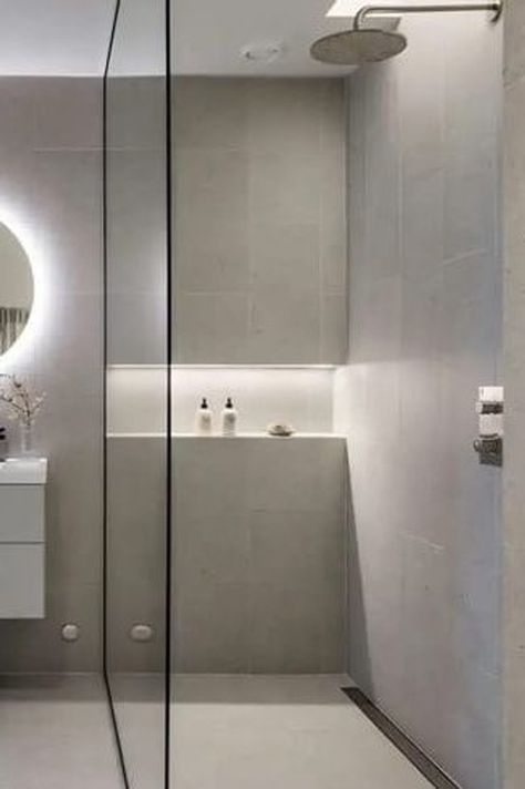 Full Width Shower Niche, Bathroom Niche Lighting, Horizontal Shower Niche, Alcove Shower Ideas, Shower Niche Placement, Bathroom Niche Design, Modern Bathroom Design White, Shower Shelving, Small Wc