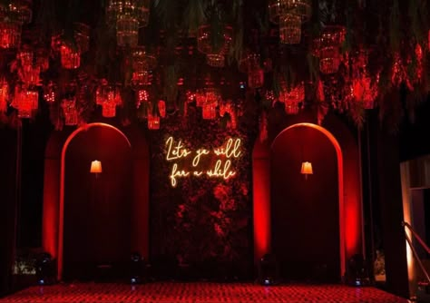 Sangeet Party Decor, Sangeet Wedding Decor, Red Sangeet Decor, Bollywood Sangeet Decor, Sangeet Theme Decor, Bollywood Theme Sangeet Decor, Bar Entrance Design, Indoor Sangeet Decor, Bollywood Night Decor