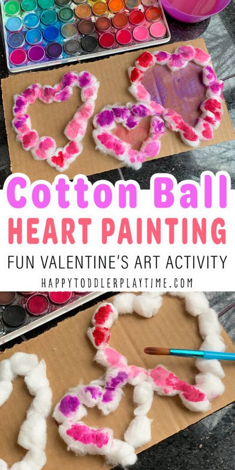 40+ Amazing Valentine's Activities for Toddlers & Preschoolers - Happy Toddler Playtime Valentine's Craft For Toddlers, Cotton Ball Valentine Craft, Cotton Ball Heart Painting, Valentines Learning Activities For Toddlers, Heart Shape Toddler Activities, Toddler Activities Valentines Day, February Process Art For Toddlers, Valentine’s Day Party Ideas For Toddlers, Toddler Valentines Lesson Plans