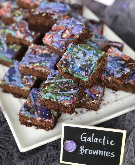 Galactic Theme Party, Galactic Brownies, Cosmic Party Theme, Space Brownies, Space Themed Food, Space Themed Desserts, Galactic Party, Dirt Dessert, Eclipse Party