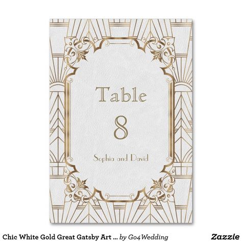 Chic White Gold Great Gatsby Art Deco TABLE NUMBER Roaring 20s Wedding, Great Gatsby Art, 20s Wedding, Art Deco Invitations, Elegant Wedding Themes, Gold Table Numbers, Gatsby Art, Vintage Wedding Gifts, Great Gatsby Wedding