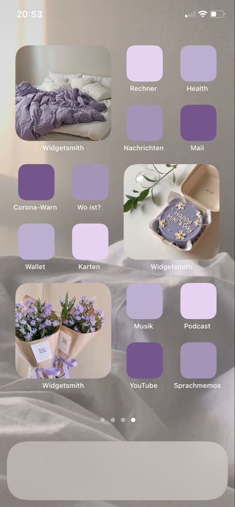 Ios 16 Home Screen Ideas Purple, Lavender Homescreen, Baby Pink Wallpaper Iphone, Aesthetic Homescreen, Cute Home Screens, My Melody Wallpaper, Clean Phone, Iphone Wallpaper Ios, Iphone Home Screen Layout