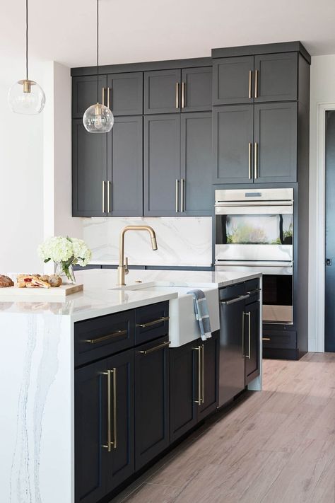 Projects — Emily Moss Designs Dark Charcoal Cabinets, Kitchen Countertops With White Cabinets, Cabinets With Brass Hardware, Charcoal Cabinets, Countertops With White Cabinets, White Cabinets Kitchen, Shaker Cabinets Kitchen, Black Shaker Cabinets, Black And White Cabinets