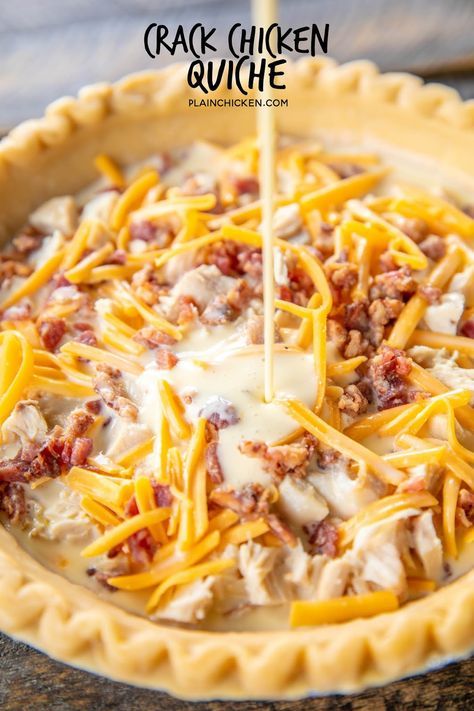 Crack Chicken Quiche - so quick and easy. Everyone LOVED this recipe!! Can make ahead and freeze for later. Pie crust, chicken, cheddar cheese, bacon, ranch dressing, heavy cream, and eggs Ready to eat in an hour. Great for breakfast, lunch or dinner. THE BEST! #quiche #chicken #freezermeal #bacon #ranch #cheddar Chicken Quiche, Chicken Cheddar, Delicious Quiche, Quiche Recipes Easy, French Onion Chicken, French Fried Onions, Breakfast Quiche, Bacon Ranch, Quiche Recipes