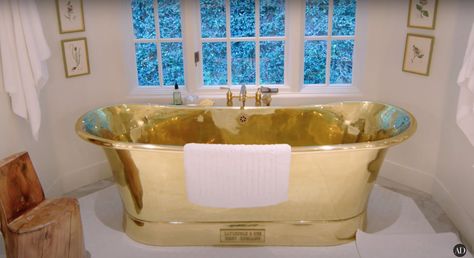 Gold Tub, Kendall Jenner House, Gold Bathtub, Kendall Jenner News, Architectural Digest Magazine, Jenner House, Elegant Tiles, At Home Movie Theater, Glam Room