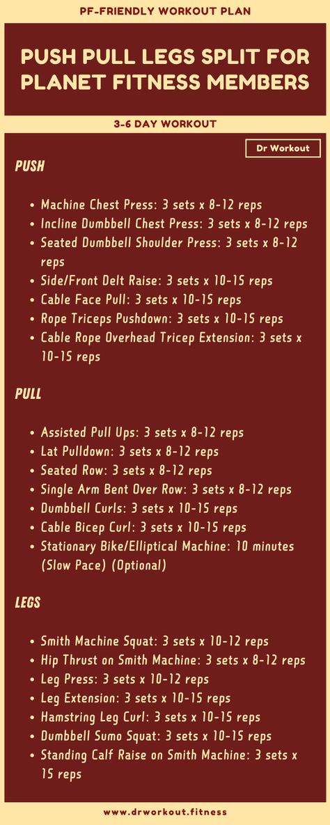 Push Pull Legs Workout Plan for Planet Fitness Planet Fitness Workout Plan For Women Machines, Push Pull Legs Workout Plan For Women, Push And Pull Workouts, Planet Fitness Routine, Push Pull Workout Routine, Dr Workout, Push Pull Legs Routine, Planet Fitness Workout Plan, Shoulder Workout Women