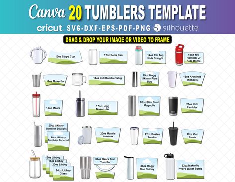 20 Tumblers Template Bundle, Tumbler Canva Editable Template, 10oz 12oz 20oz 30oz Tumbler Template, Libbey Glass, Yeti Rambler, Hogg Tumbler Yeti Decal Size Chart, Hogg Tumbler Size Chart, Decal Sizes For Tumblers, Decal Sizing For Tumblers, Hydro Water Bottle, Sublimation Business, Cricut Business, Canva Tutorials, Yeti Rambler Tumblers