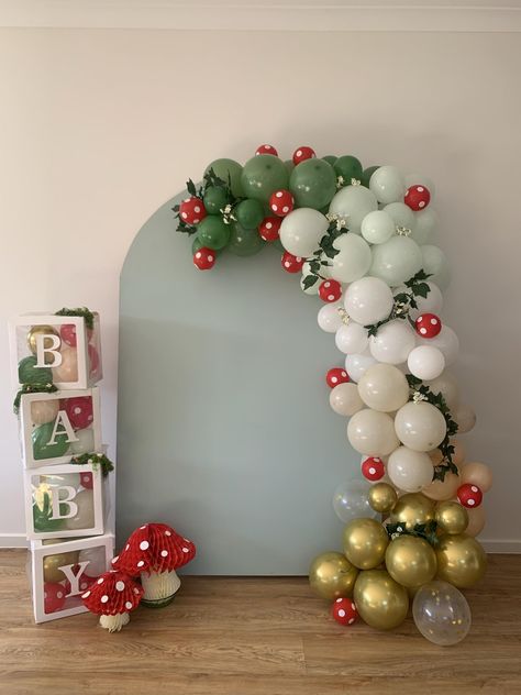 Cottage Core Balloon Arch, Cottage Core Gender Reveal, Fairy Mushroom Baby Shower Ideas, Mushroom Balloon Arch, Mushroom Gender Reveal, Cottage Core Party Theme, Mushroom Theme Baby Shower Ideas, Mushroom Fairy Party, Mushroom Themed Baby Shower Ideas