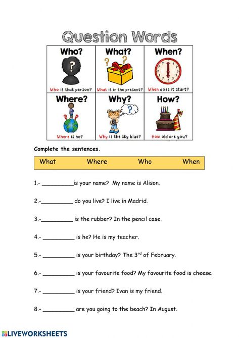 Wh-questions - Interactive worksheet Wh Questions Kids, Wh Questions Exercises, Wh Questions Activities, Question Words, Why Questions, Grammar For Kids, English Activities For Kids, Cognitive Behavior, 2nd Grade Worksheets