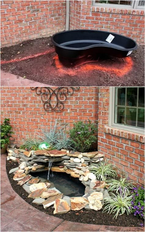 12 best DIY pond ideas & tutorials, from easy kits for small garden & patio water feature to beautiful backyard waterfall with plants & fish! - A Piece of Rainbow, outdoor projects, fountain, landscaping, gardening, curb appeal, landscape design, summer, koi ponds, #gardendesign #landscaping #gardenpath #gardens #gardening #curbappeal #landscape #diy Diy Pond Ideas, Small Garden Patio, Patio Water Feature, Small Backyard Ponds, Diy Ponds Backyard, Backyard Waterfall, Taman Air, Garden Pond Design, Diy Pond