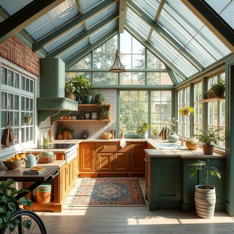 Create a light-filled Victorian greenhouse-inspired kitchen with botanical glass-front cabinets and ornate crown molding. #VictorianGreenhouse #GardenKitchen 🌿 Greenhouse Style Kitchen, Greenhouse Attached To Kitchen, Greenhouse With Kitchen, Queen Anne Kitchen, Greenhouse Kitchen Ideas, Solarium Kitchen, Landscaping 101, Greenhouse Kitchen, Feminine Era