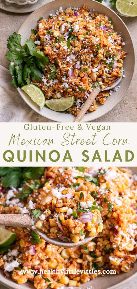 This Dairy-Free Mexican Street Corn Quinoa Salad is a fun spin on Mexican Street Corn! With a boost of complete protein from the quinoa and the delicious dairy-free smoked paprika dressing, this is sure to be on your summer picnic side dish rotation! Healthy Quinoa Side Dish, Mexican Food Recipes Dairy Free, Side Dishes Quinoa, Vegan Baked Salad, Dinner Sides Gluten Free, Mexican Dairy Free Recipes, Lunch Ideas With Quinoa, Vegetarian Mexican Salad, Quinoa Side Salad