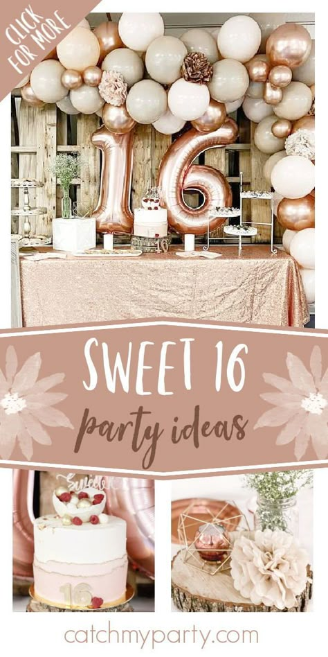 Farmhouse Sweet 16 Party Ideas, Ideas For Sweet Sixteen Party, Sweet 16 Sweets Table Ideas, Modern Sweet 16 Party Ideas, 16rh Birthday Party Ideas, Small Sweet Sixteen Party Ideas, Sweet 16 Decorating Ideas, Sweet 16 Party Cookies, 16 Birthday Party Ideas Rose Gold