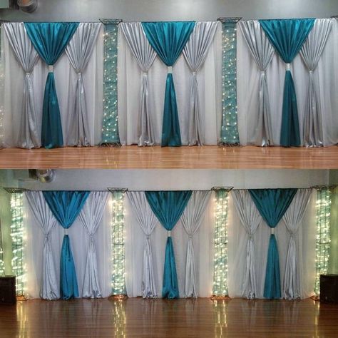 Luxury Wedding Backdrop, Silver Backdrop, Wedding Draping, Event Layout, Teal Decor, Diy Photo Backdrop, Curtain Backdrops, Easy Backdrops, Stage Backdrop